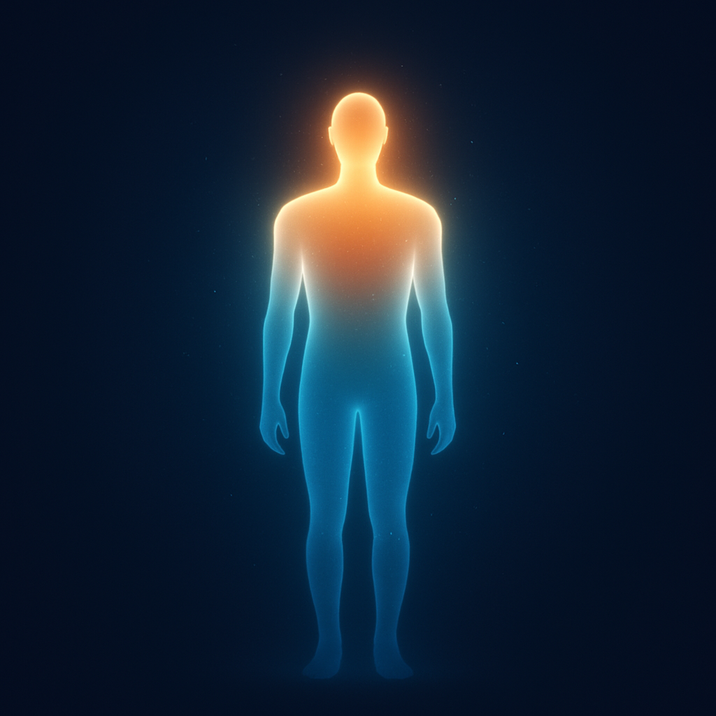 Abstract glowing body silhouette showing warm activation in the chest and head and cool deactivation in the limbs